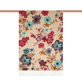 İpekevi Desenli İpek Şal - Petunya Desenli - Krem