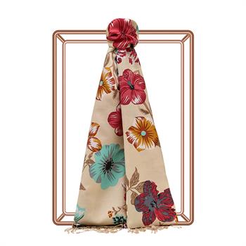 İpekevi Desenli İpek Şal - Petunya Desenli - Krem