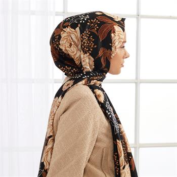 İpekevi Desenli İpek Şal - Rosa Desenli - Siyah