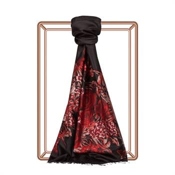 İpekevi Desenli İpek Şal Saray Bahçesi - Siyah Kırmızı