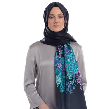 İpekevi Desenli İpek Şal Saray Bahçesi - Siyah Turkuaz