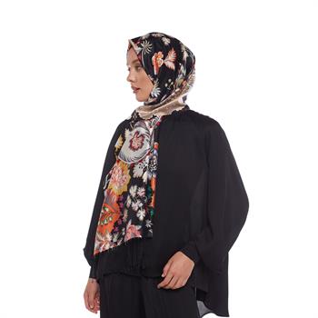 İpekevi Desenli İpek Şal - Taç Yaprak Desenli - Siyah 