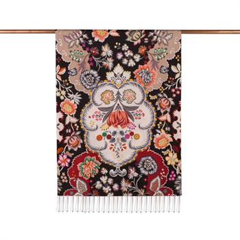 İpekevi Desenli İpek Şal - Taç Yaprak Desenli - Siyah 