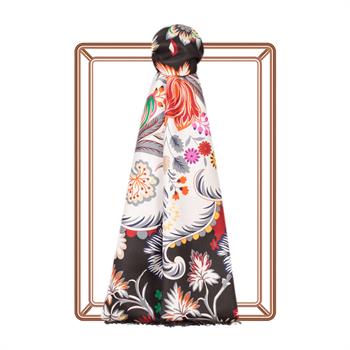 İpekevi Desenli İpek Şal - Taç Yaprak Desenli - Siyah 