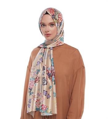 İpekevi Desenli İpek Şal - Yalı Bahçesi Desenli - Vizon