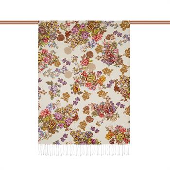 İpekevi Desenli İpek Şal - Yalı Bahçesi Desenli - Beyaz Dore