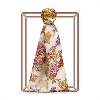 İpekevi Desenli İpek Şal - Yalı Bahçesi Desenli - Beyaz Dore