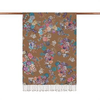 İpekevi Desenli İpek Şal - Yalı Bahçesi Desenli - Sütlü Kahve