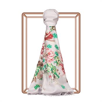 İpekevi Desenli İpek Şal - Yediveren Tarhı Desenli - Gümüş