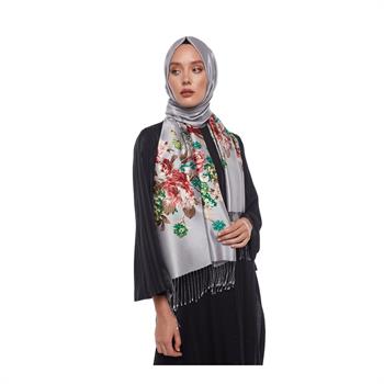 İpekevi Desenli İpek Şal - Yediveren Tarhı Desenli - Gümüş