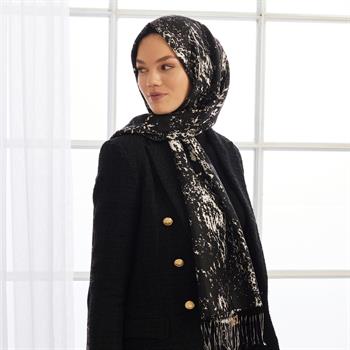 İpekevi Desenli İpek Şal - Mermer Desenli - Siyah Beyaz