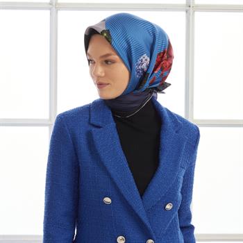 İpekevi Twill İpek Eşarp - Aranjman Desenli - Siyah Mavi