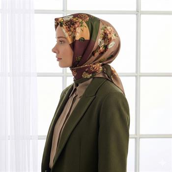 İpekevi Twill İpek Eşarp - Aranjman Desenli - Haki Kahve