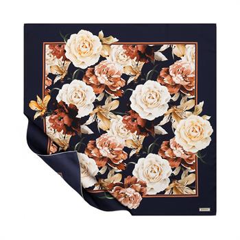 İpekevi Twill İpek Eşarp - Buket Desenli - Lacivert Krem