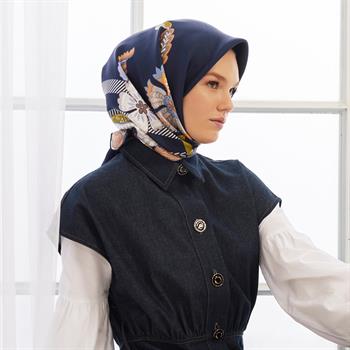 İpekevi Twill İpek Eşarp - Mihrace Çerçeve Desenli - Koyu Lacivert