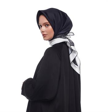 İpekevi Twill İpek Eşarp - Qufi Pattern - Siyah Beyaz