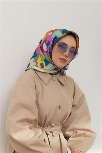 Silk Home Twill İpek Eşarp - 11410-17 Gri Fuşya Oranj