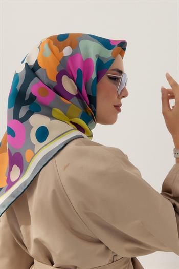 Silk Home Twill İpek Eşarp - 11410-17 Gri Fuşya Oranj