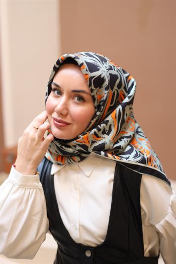 Silk Home Twill İpek Eşarp - 11419-05 Siyah Turuncu