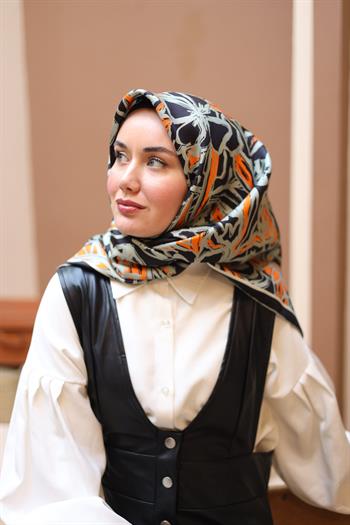 Silk Home Twill İpek Eşarp - 11419-05 Siyah Turuncu