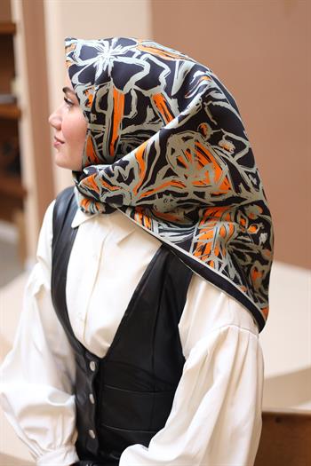 Silk Home Twill İpek Eşarp - 11419-05 Siyah Turuncu