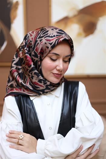 Silk Home Twill İpek Eşarp - 11419-13 Siyah Kırmızı Vizon