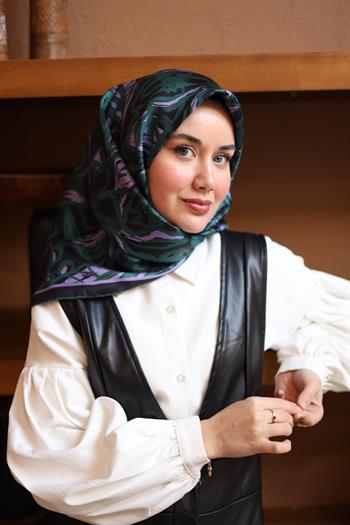 Silk Home Twill İpek Eşarp - 11419-53 Siyah Lila Yeşil