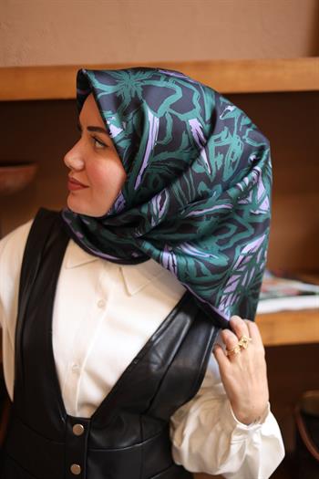 Silk Home Twill İpek Eşarp - 11419-53 Siyah Lila Yeşil