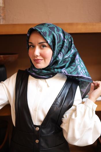 Silk Home Twill İpek Eşarp - 11419-53 Siyah Lila Yeşil