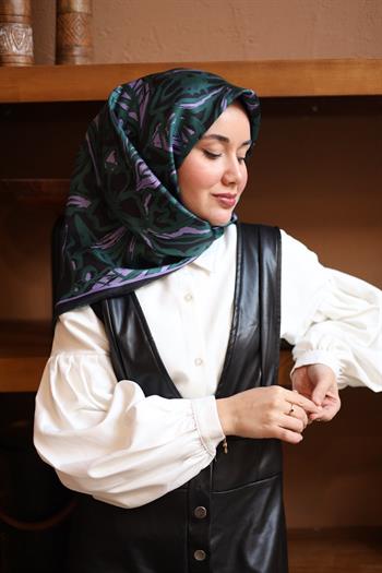 Silk Home Twill İpek Eşarp - 11419-53 Siyah Lila Yeşil