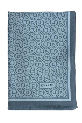 Vakko Twill İpek Şal - Yeni Monogram - Kot Mavi