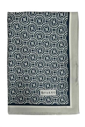 Vakko Twill İpek Şal - Yeni Monogram - Lacivert Ekru