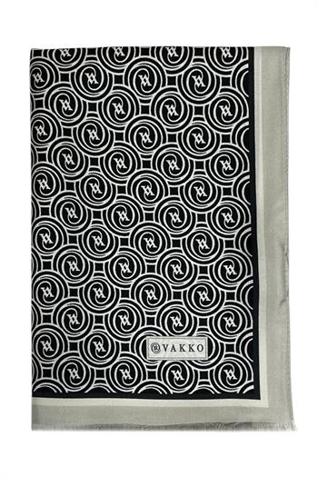 Vakko Twill İpek Şal - Yeni Monogram - Siyah Ekru