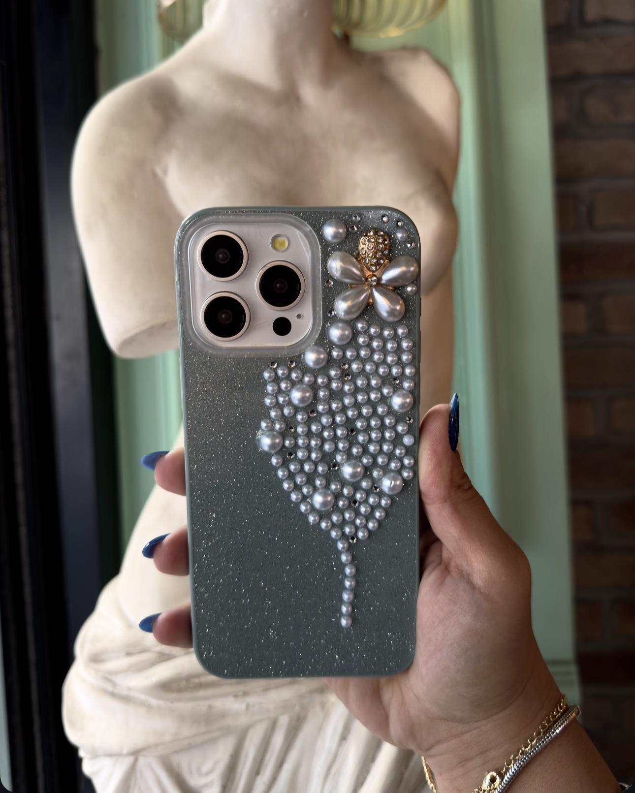 İnci Çiçek Desenli İphone Telefon Kılıfı  Mint Yeşili