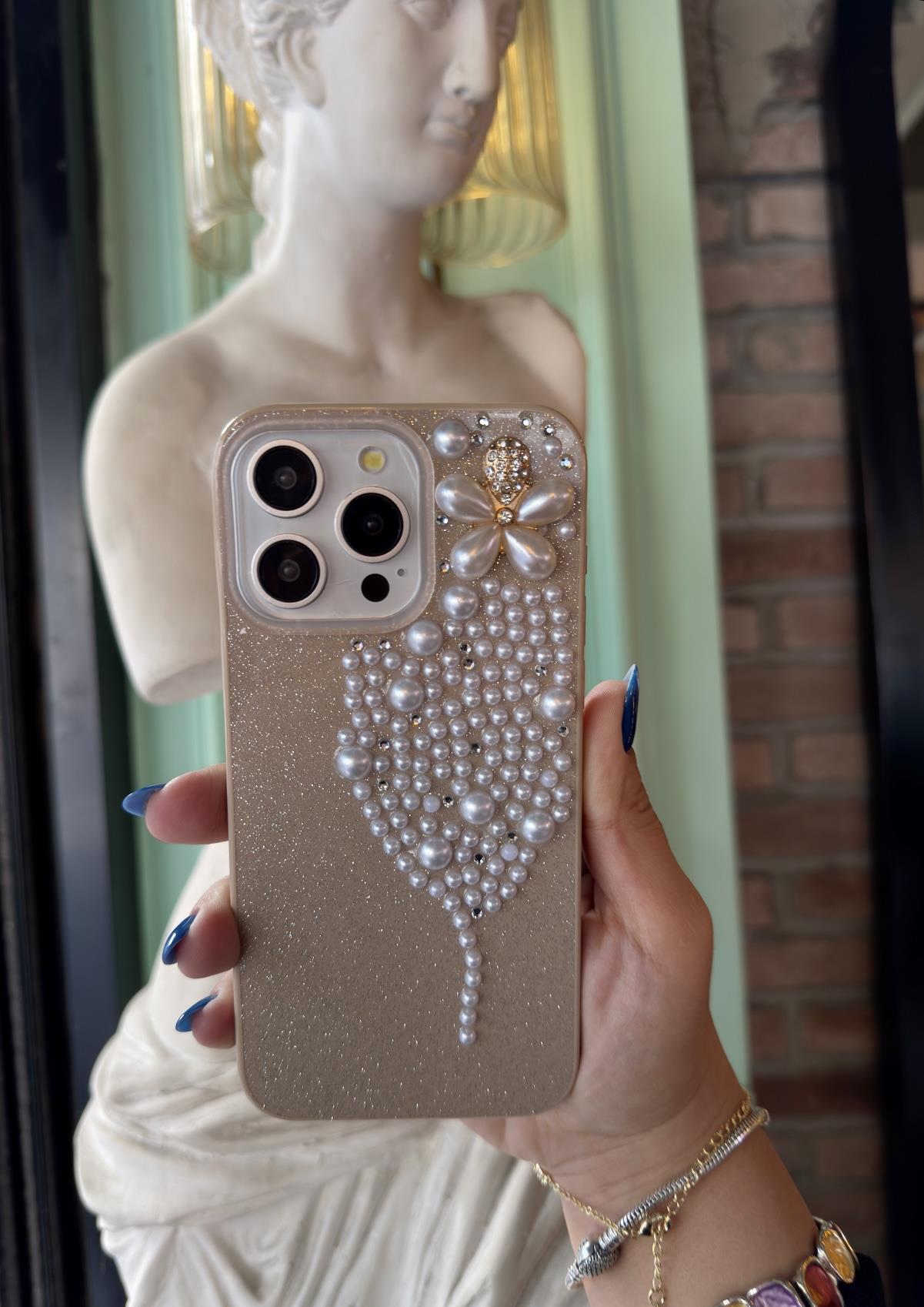 İnci Çiçek Desenli İphone Telefon Kılıfı  Çöl Titenyum
