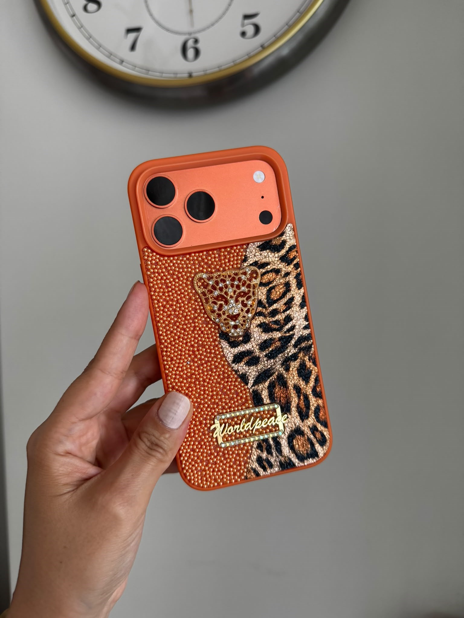 Leopar Desenli Taşlı Kaplan iPhone Telefon Kılıfı Turuncu