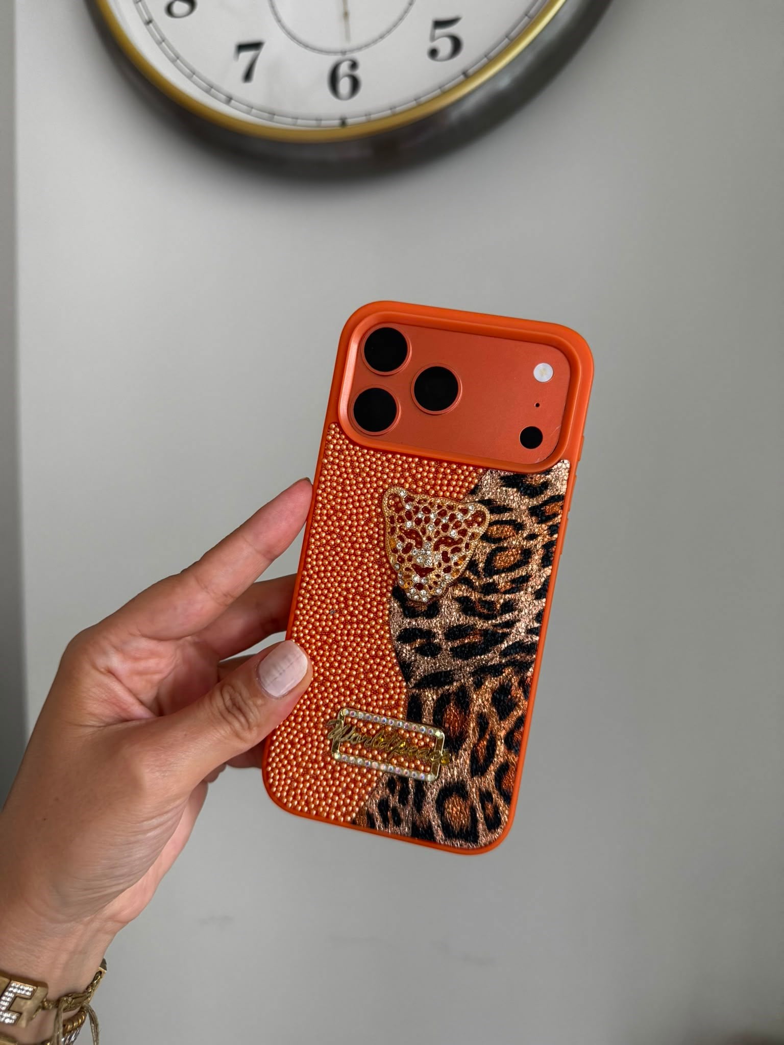 Leopar Desenli Taşlı Kaplan iPhone Telefon Kılıfı Turuncu