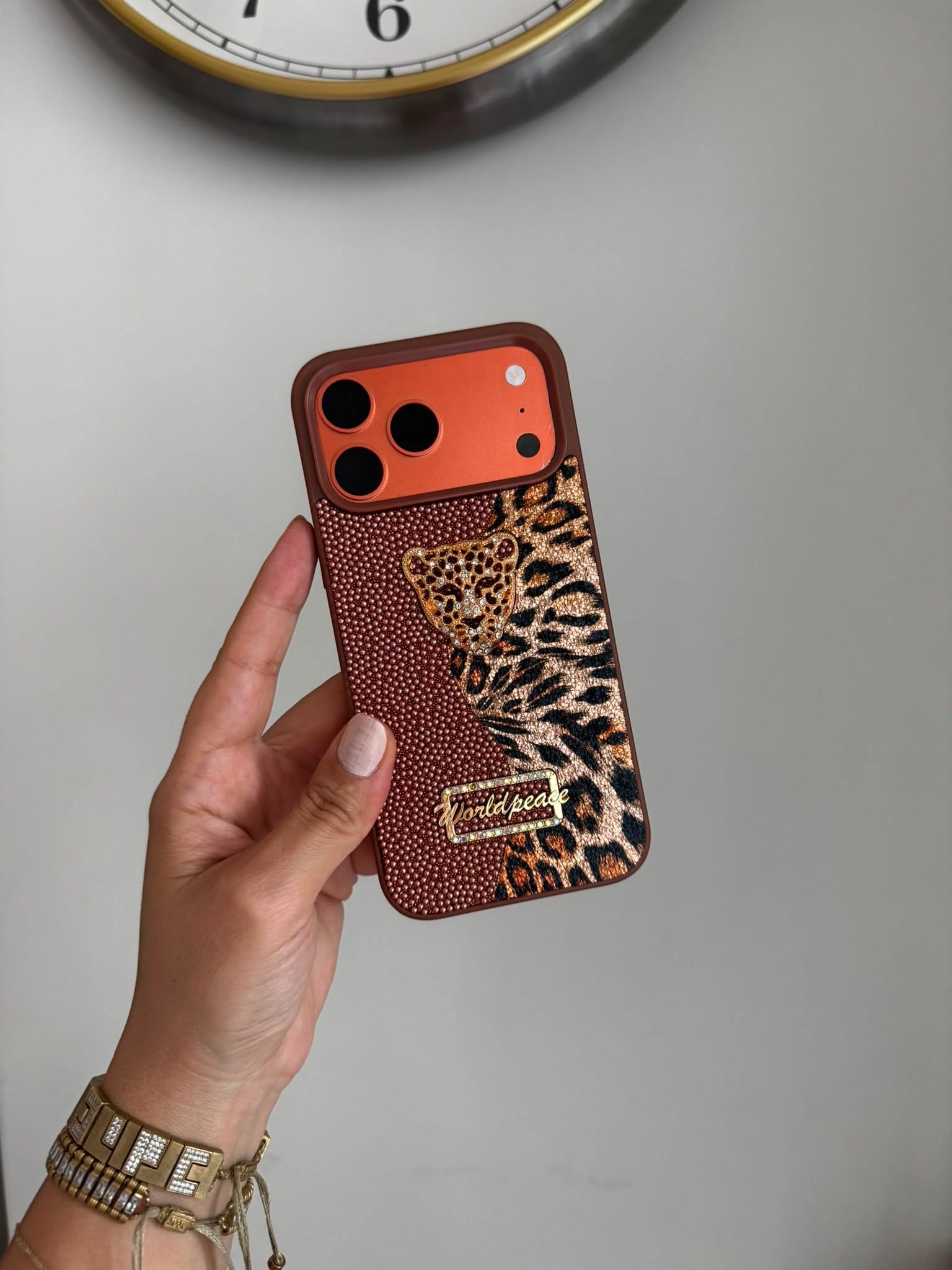 Leopar Desenli Taşlı Kaplan iPhone Telefon Kılıfı Kahverengi
