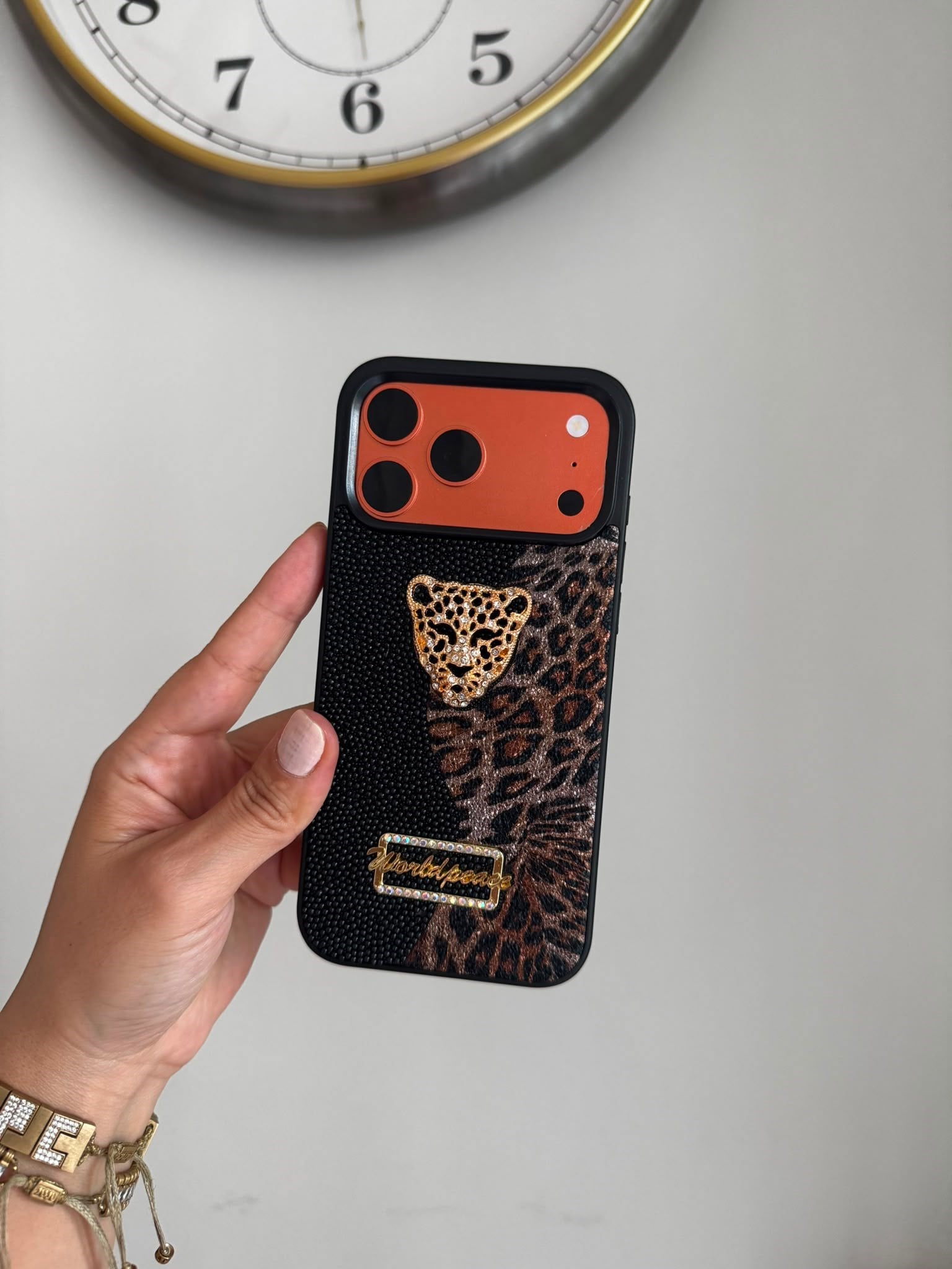 Leopar Desenli Taşlı Kaplan iPhone Telefon Kılıfı Siyah