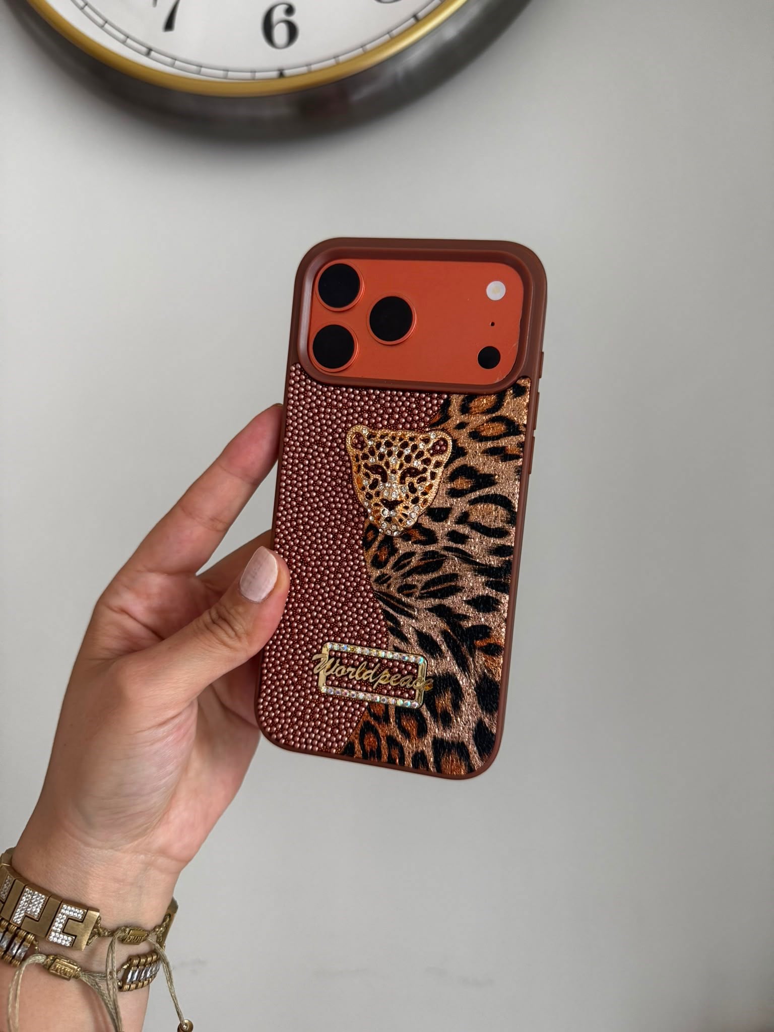 Leopar Desenli Taşlı Kaplan iPhone Telefon Kılıfı Kahverengi