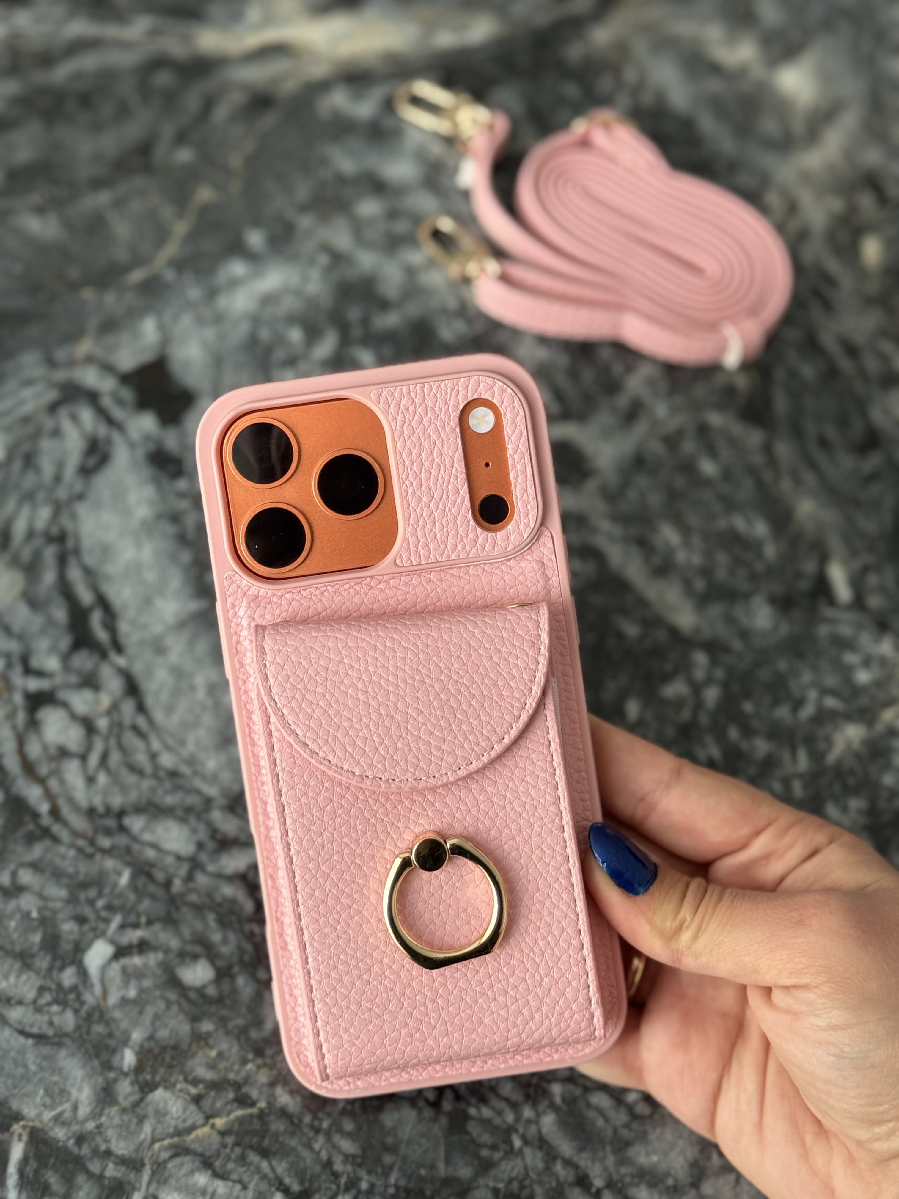 Yüzük Detaylı Kartlıklı Deri İphone Telefon Kılıfı Pembe