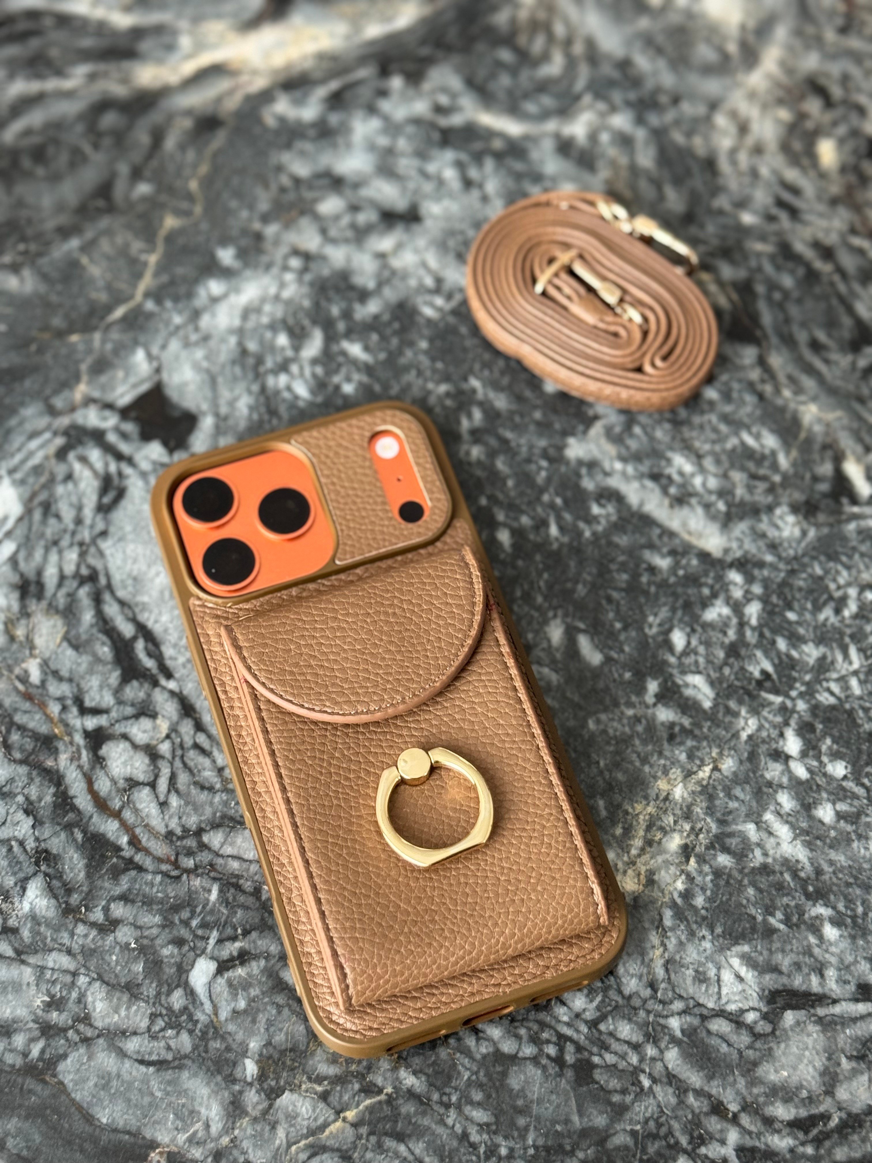 Yüzük Detaylı Kartlıklı Deri İphone Telefon Kılıfı Kahverengi