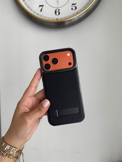     Lüks Deri Standlı İphone Telefon Kılıfı Siyah