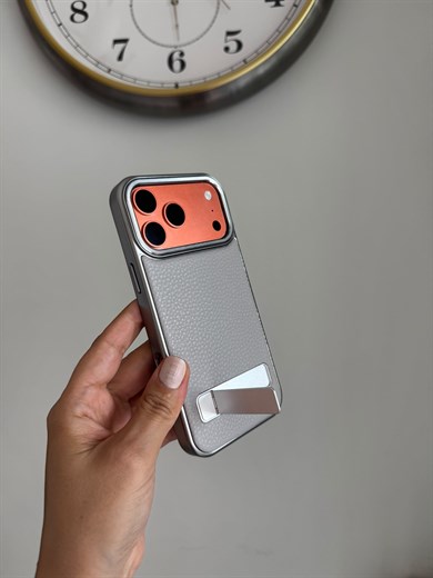     Lüks Deri Standlı İphone Telefon Kılıfı Gri