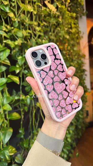 Aynalı Kalp Desenli İphone Telefon Kılıfı Pembe