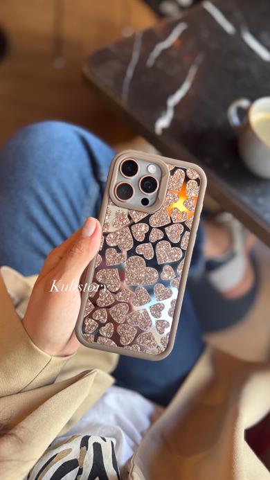 Aynalı Kalp Desenli İphone Telefon Kılıfı Nude