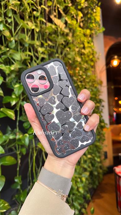 Aynalı Kalp Desenli İphone Telefon Kılıfı Siyah