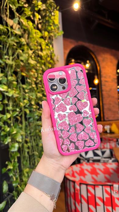 Aynalı Kalp Desenli İphone Telefon Kılıfı Fuşya