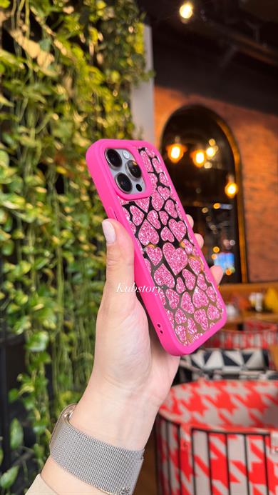 Aynalı Kalp Desenli İphone Telefon Kılıfı Fuşya