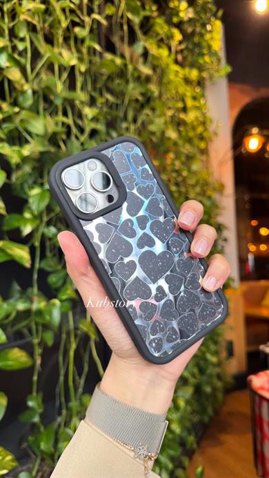 Aynalı Kalp Desenli İphone Telefon Kılıfı Siyah